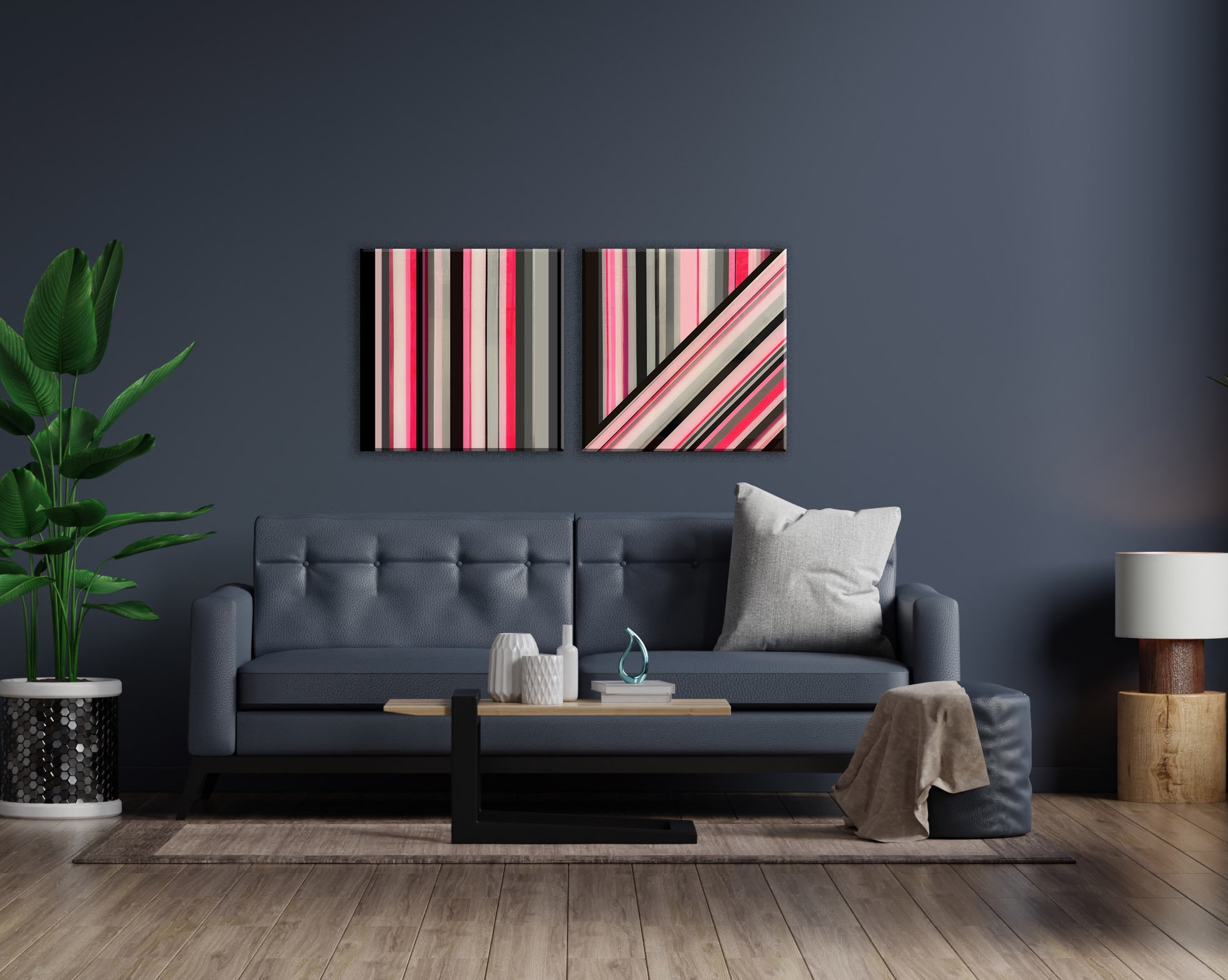Rectangular Resin art with pink and color stripes on a grey wall with a great leather sofa in front